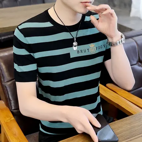 男士条纹冰丝短袖t恤夏季潮牌圆领百搭薄款针织半袖男装上衣体恤商品大图