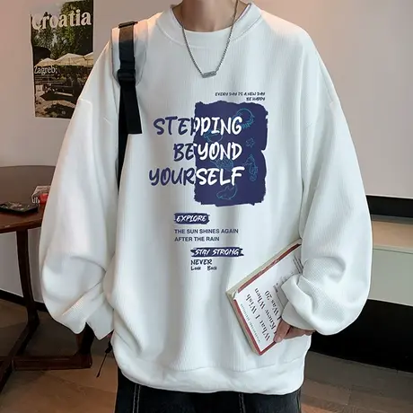 华夫格圆领卫衣男春秋季新款美式宽松长袖t恤潮牌印花打底衫外套商品大图