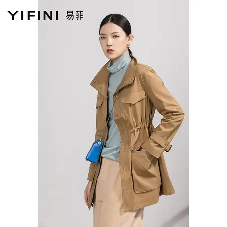 Yifini/易菲长袖抽绳显瘦韩版通勤外套女春秋新款中长款风衣图片