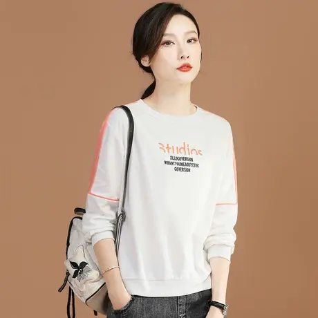 刺绣白色圆领套头卫衣女士2024新款春装宽松韩版休闲薄款长袖t恤图片