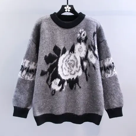 复古高级感玫瑰提花毛衣女秋冬2023新款慵懒风宽松加厚打底针织衫商品大图