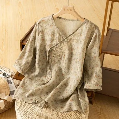 享永子碎花斜襟苎麻小衫女文艺复古国风棉麻茶服上衣2023夏季新款图片
