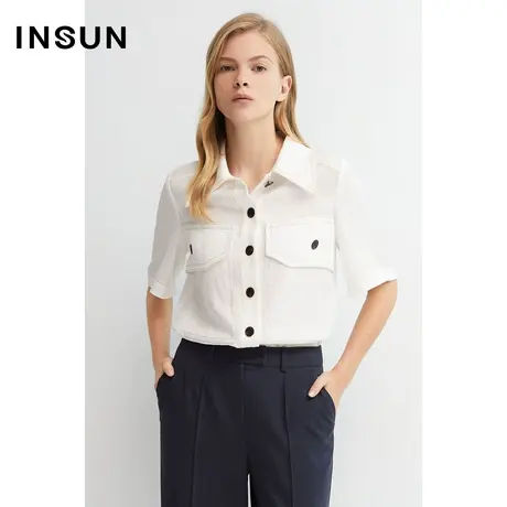 INSUN恩裳夏季三醋酸口袋撞色扣子衬衫商品大图