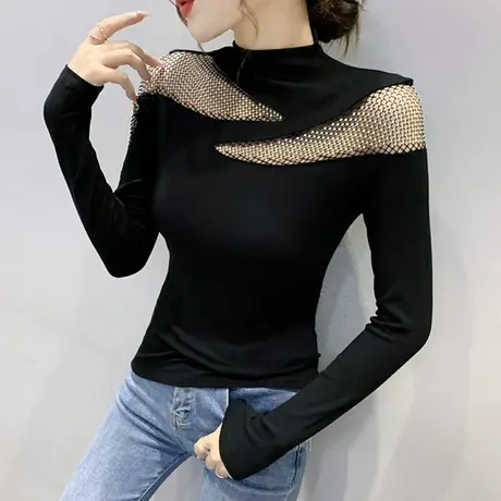 气质烫钻T恤女装2024新款潮性感镂空上衣拼接半高领打底衫女长袖商品大图