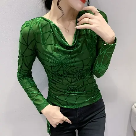欧货秋装性感网纱打底衫女内搭设计感提花上衣显瘦气质长袖T恤ins商品大图