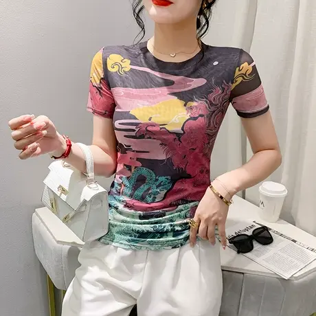 气质网纱小衫女短袖2024夏装新款设计感印花上衣时尚圆领修身T恤商品大图