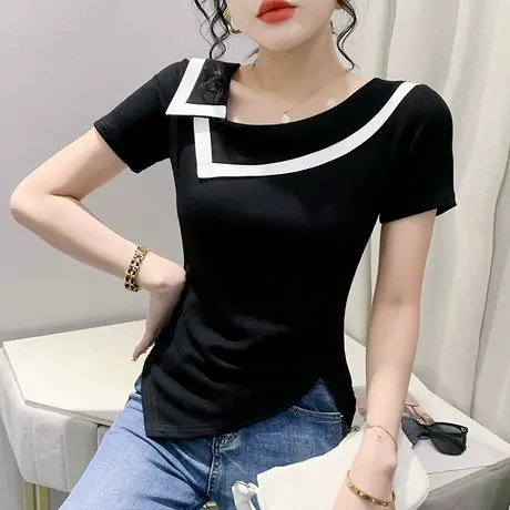 设计感短袖t恤女2024新款不规则开叉小衫时尚洋气斜肩修身上衣夏商品大图