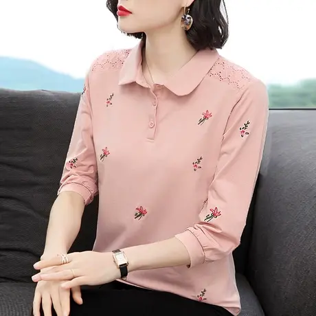 2023秋装新款大码女t恤宽松上衣长袖纯棉妈妈打底衫中年女士小衫商品大图