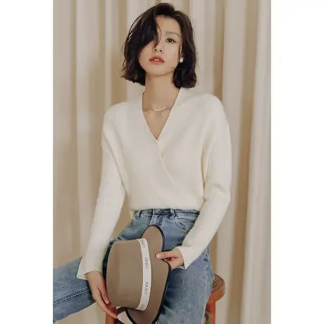 弥古v领针织衫女春秋外穿高级感收腰秋冬打底衫毛衣内搭交叉上衣商品大图
