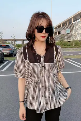 格子娃娃领短袖衬衫女设计感小众减龄洋气小衫夏季2023新款欧洲站商品大图