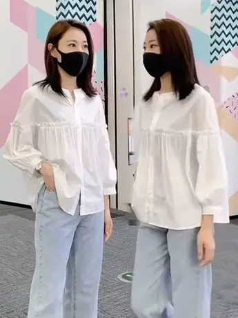 2023春季新款韩版时尚休闲条纹衬衫女百搭显瘦九分袖花边白衬衣潮商品大图