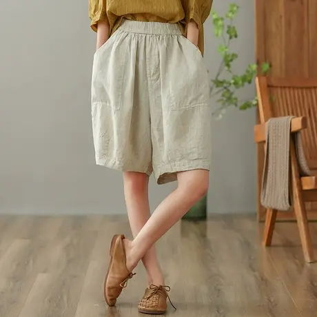 dza 高腰显瘦亚麻休闲裤女2023夏薄款五分裤直筒裤宽松棉麻阔腿裤图片