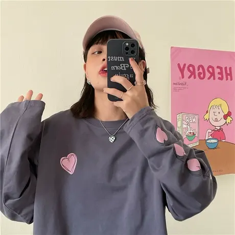 红续春秋新款韩版盐系少女爱心软妹宽松百搭纯棉长袖薄款套头卫衣图片