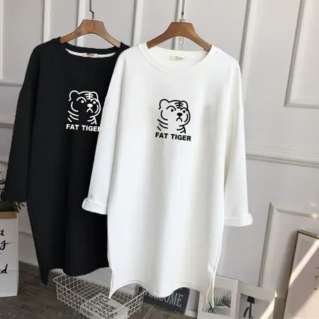 白色打底衫纯棉磨毛长袖t恤女韩版宽松中长款2022年秋冬大码上衣商品大图