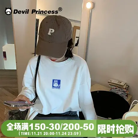 chic小众港风卡通纯棉长袖T恤女ins潮2024秋冬宽松圆领打底上衣潮图片