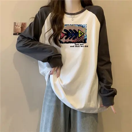 ins超火拼接撞色长袖T恤女秋冬加绒加厚宽松插肩袖上衣德绒打底衫图片