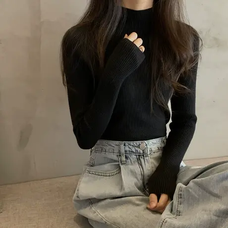 韩版chic针织打底衫女2022秋冬洋气百搭修身半高领毛衣叠穿内搭潮图片