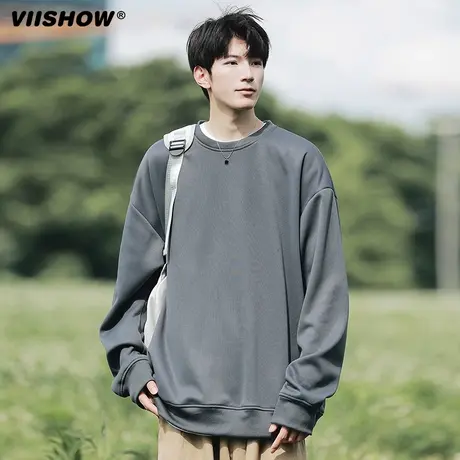 VIISHOW纯色圆领卫衣男ins潮牌宽松无帽上衣服春秋季日系长袖上衣商品大图