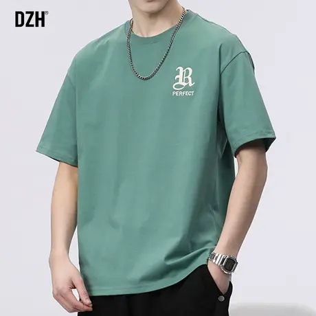 男士绿色短袖t恤男纯棉夏季宽松男装2023新款体恤衫男款潮牌上衣商品大图