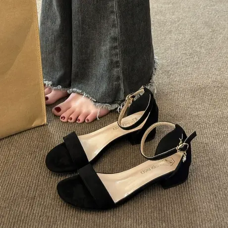 时装凉鞋女款夏季法式一字带鞋子露趾气质罗马鞋百搭黑色粗高跟鞋商品大图