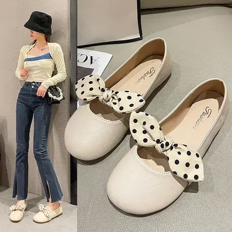 玛丽珍鞋2023年春季新款浅口平底蝴蝶结晚晚鞋仙女风单鞋女豆豆鞋商品大图