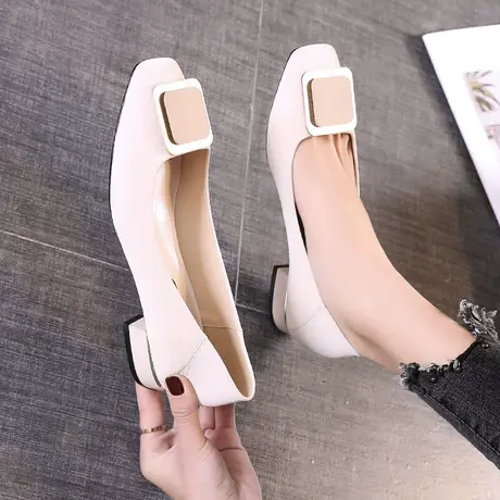 3cm粗跟高跟鞋2020新款秋季网红百搭小方头浅口单鞋女黑色职业鞋商品大图