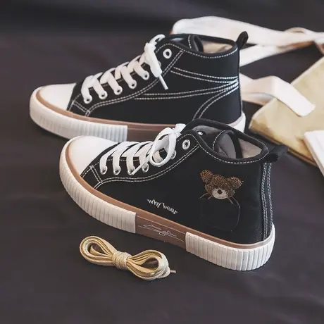 小熊女生高帮帆布鞋2023年春季新款韩版休闲女鞋学生原宿港风板鞋图片