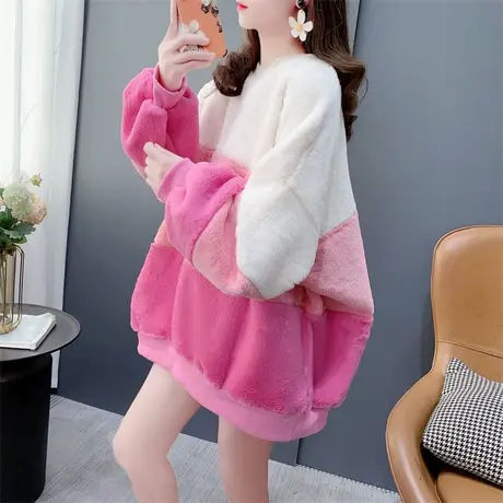 慵懒风休闲拼色加绒加厚羊羔毛卫衣外套女秋冬2023年新款减龄上衣商品大图