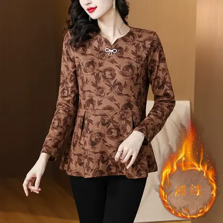 德绒打底衫女2023新款大码胖MM遮肉时尚洋气中年妈妈装加绒女上衣商品大图