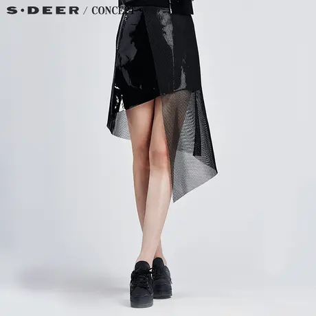 sdeer圣迪奥2018夏女装轻薄镂空漆皮不规则摆半身裙S16281196图片
