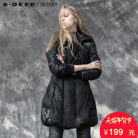 s.deer圣迪奥女装拼接闪亮连帽长款羽绒服S13481987图片