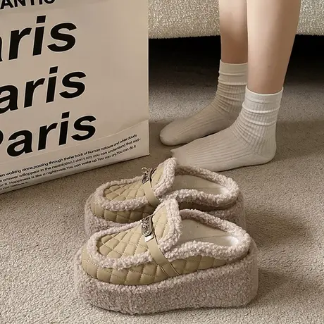 加绒厚底毛毛棉拖鞋女外穿2023冬款金属锁扣增高保暖包头半拖潮商品大图