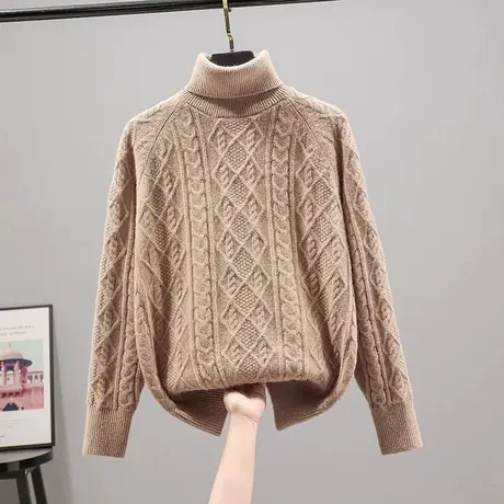 高领麻花毛衣女2023秋冬新款加厚韩版套头宽松针织衫时尚打底上衣商品大图