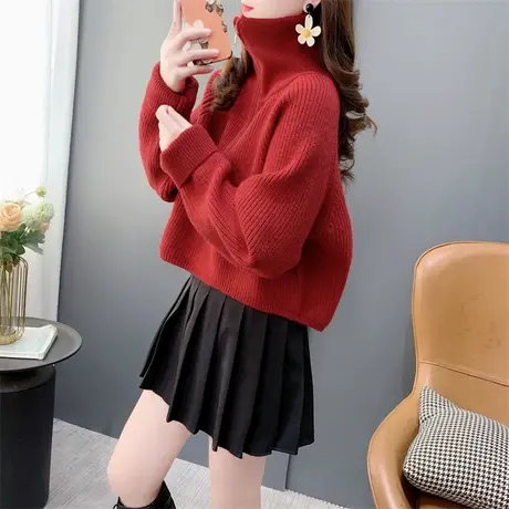 新年红色小个子加厚高领毛衣女2023年新款冬季宽松超火针织衫上衣图片