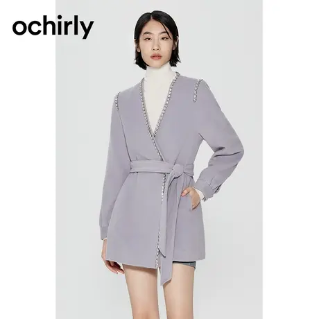 【品牌甄选】欧时力裙式羊毛呢外套女新款冬钉钻链配腰带图片