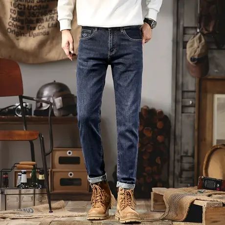 深蓝色高端牛仔裤男弹力修身小脚裤潮牌抓底印花秋冬百搭时尚长裤商品大图