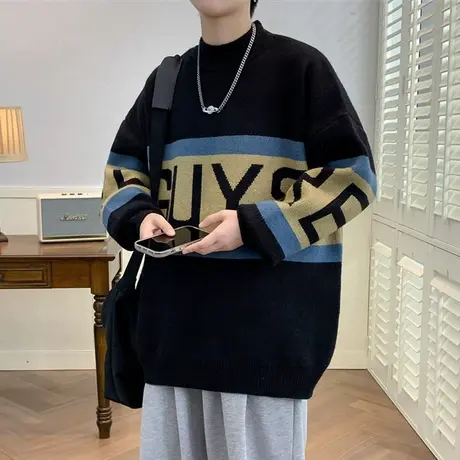 半高领毛衣男冬季加绒加厚潮宽松慵懒风针织衫帅气青少年毛衫外套商品大图