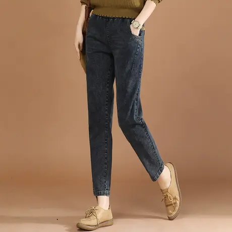 【1月4日春装上新8折】松紧腰小脚牛仔裤女拼接修身显瘦哈伦裤商品大图