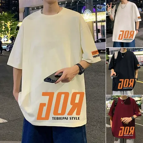 美式复古重磅纯棉短袖t恤男2024夏季新款宽松oversize情侣半截袖图片