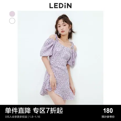 乐町甜美抽褶碎花裙春夏女装方领露肩吊带收腰设计连衣裙图片