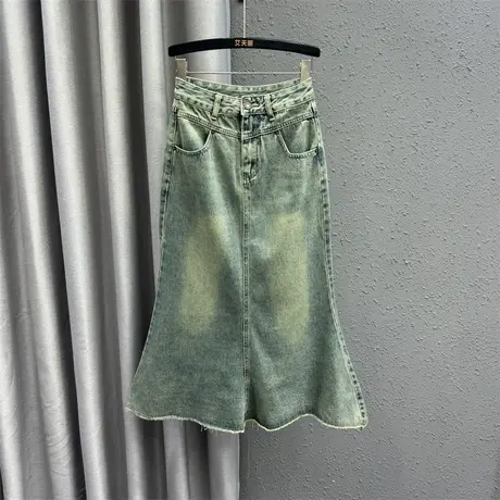 怀旧复古做旧牛仔半身裙女春夏新款高腰a字裙毛边设计鱼尾中长裙商品大图