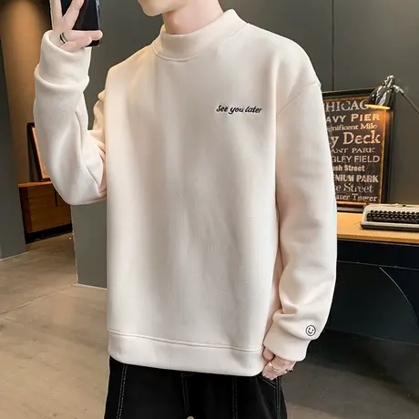 半高领卫衣男士秋冬季潮ins宽松青少年打底衫潮牌加绒加厚保暖衣商品大图