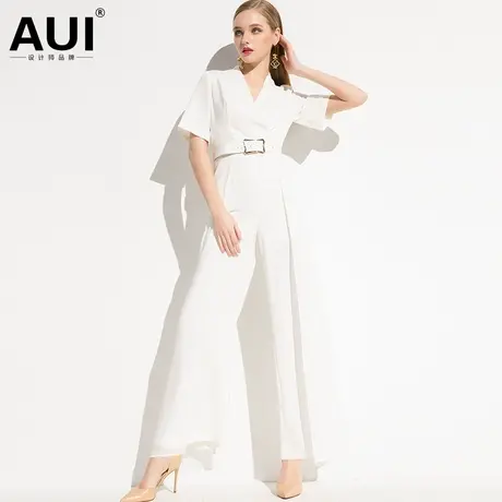 aui黑色职业雪纺连体裤女2024夏季新款御姐轻熟风高腰阔腿连衣裤图片