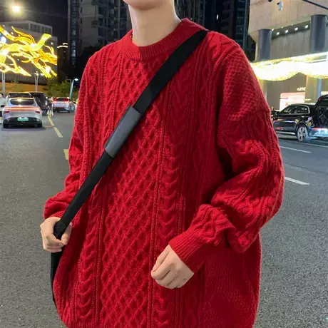 港风圆领毛衣男秋冬款慵懒风红色打底衫男针织衫青少年保暖过年服商品大图