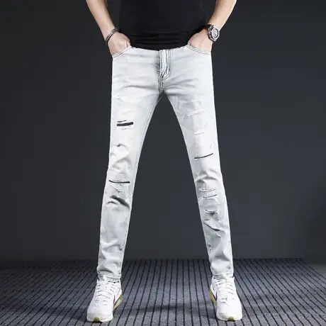 潮牌破洞牛仔裤男款2024新款春夏季修身小脚弹力痞帅高级感裤子商品大图