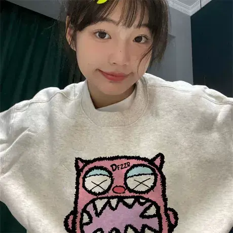 高级感圆领卫衣女秋冬大码宽松美式复古加绒加厚长袖oversize上衣图片