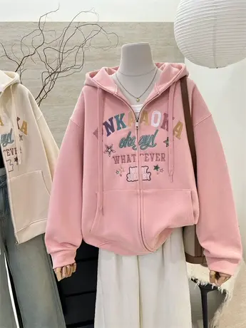 连帽卫衣女春秋2024新款美式复古宽松慵懒风字母印花拉链开衫外套商品大图