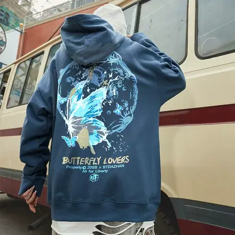 国潮卫衣男春秋款宽松原创设计小众蝴蝶上衣2023新款大码连帽外套商品大图