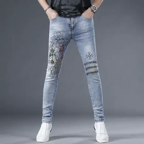 高端潮牌夏季牛仔裤男修身小脚2024新款韩版潮牌烫钻印花男士裤子图片