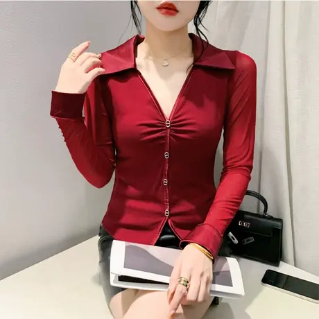 不规则开叉T恤女ins小众设计感褶皱网纱拼接纽扣上衣修身长袖小衫图片